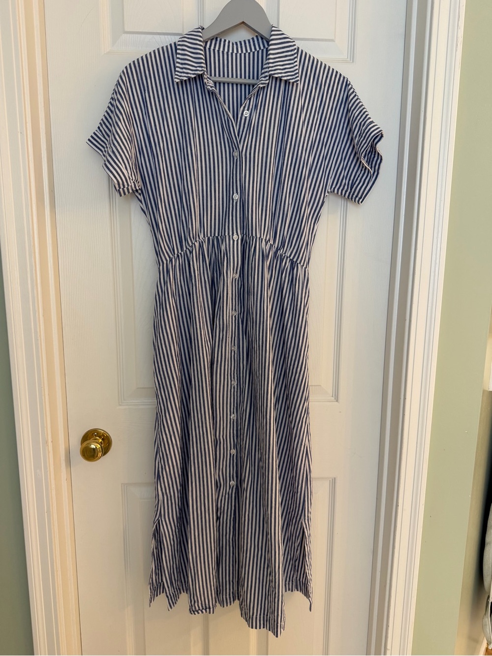 Chouyatou Blue & White Striped Button Front Midi Shirt Dress